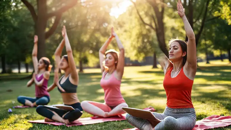 Estudiantes haciendo yoga en parque tranquilo