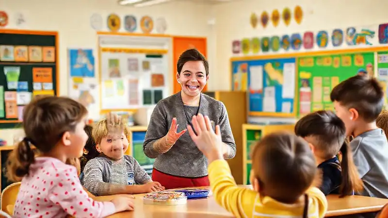Maestra alegra en aula con niños activos