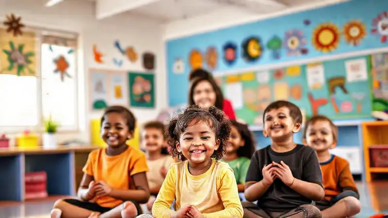 Niños practicando mindfulness en aula vibrante