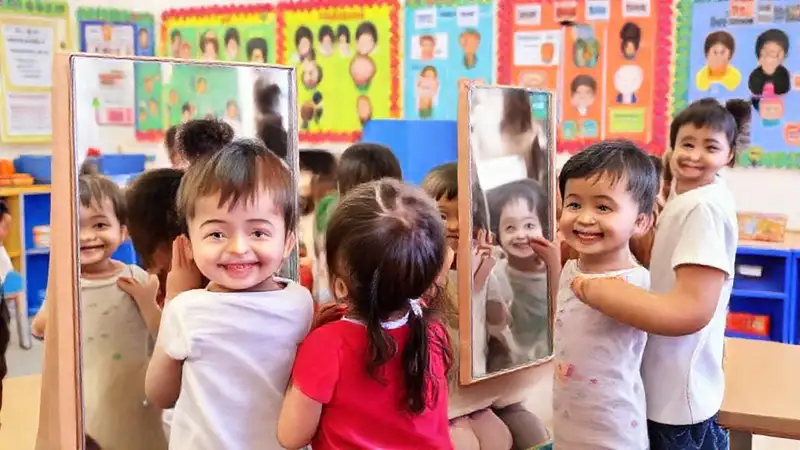 Niños explorando con espejos en clase