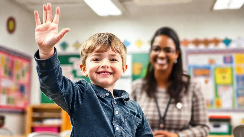 Niño confiado en aula con maestra sonriente