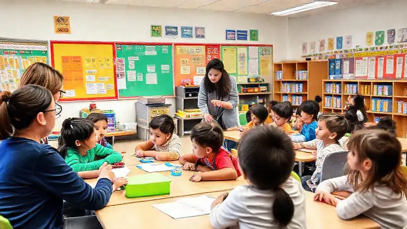 Aula dinámica con estudiantes colaborativos y materiales coloridos