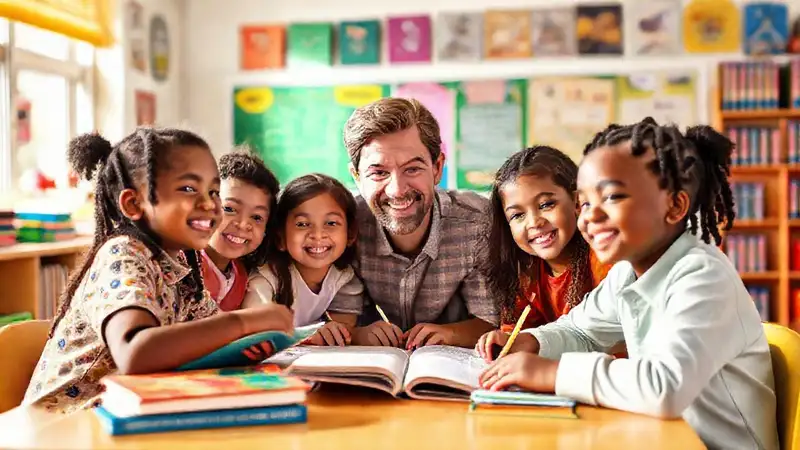 Niños estudiando en un aula alegre
